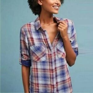 Anthropologie Cloth & Stone The Essential Gauze Shirt plaid split back Size L